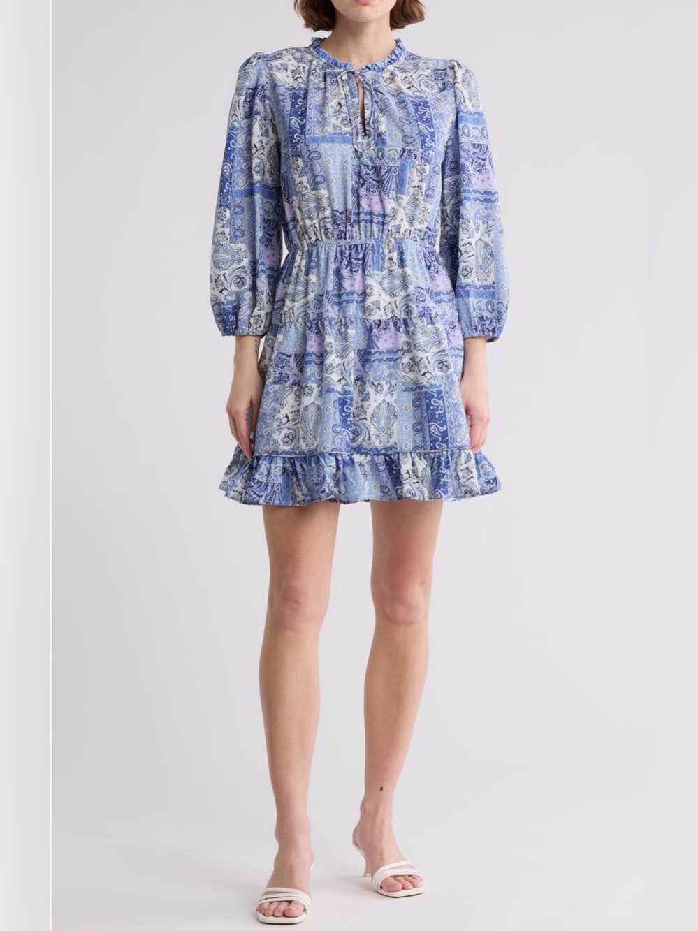NWT Maisie Blue Paisley Tiered Mini Dress Size Medium | Boho Keyhole Ruffle